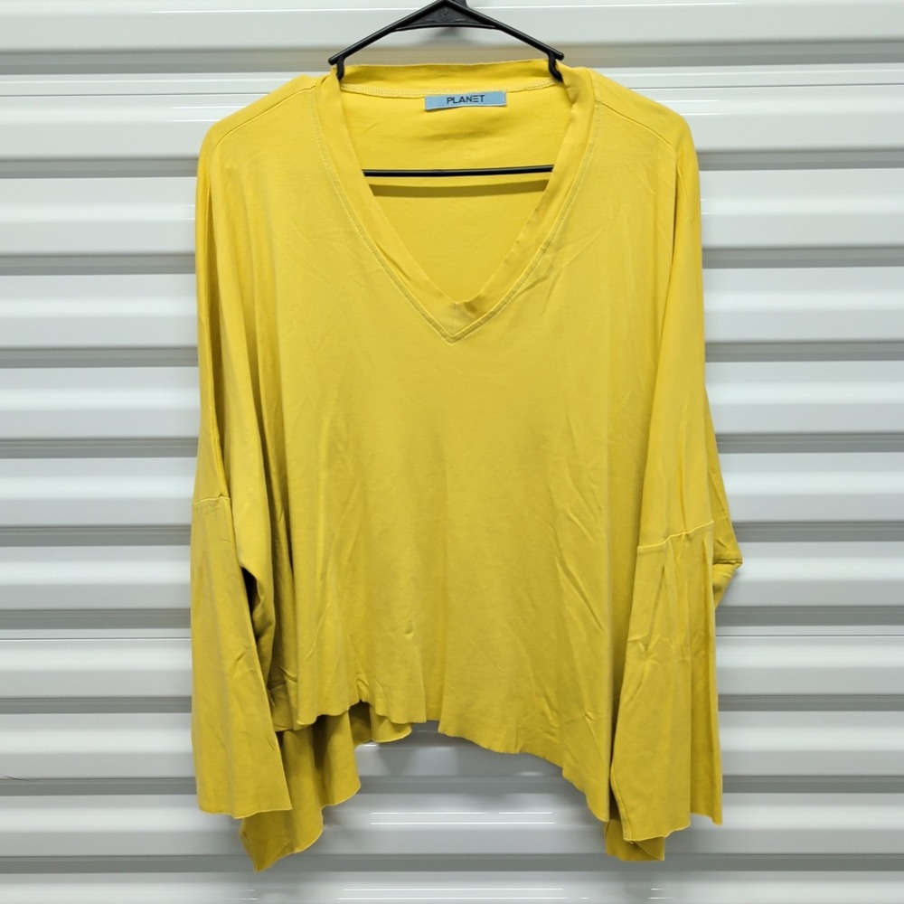 Planet Pima Cotton‎ Top OS Womens Yellow V-Neck Oversized Asymmetrical Raw Hem